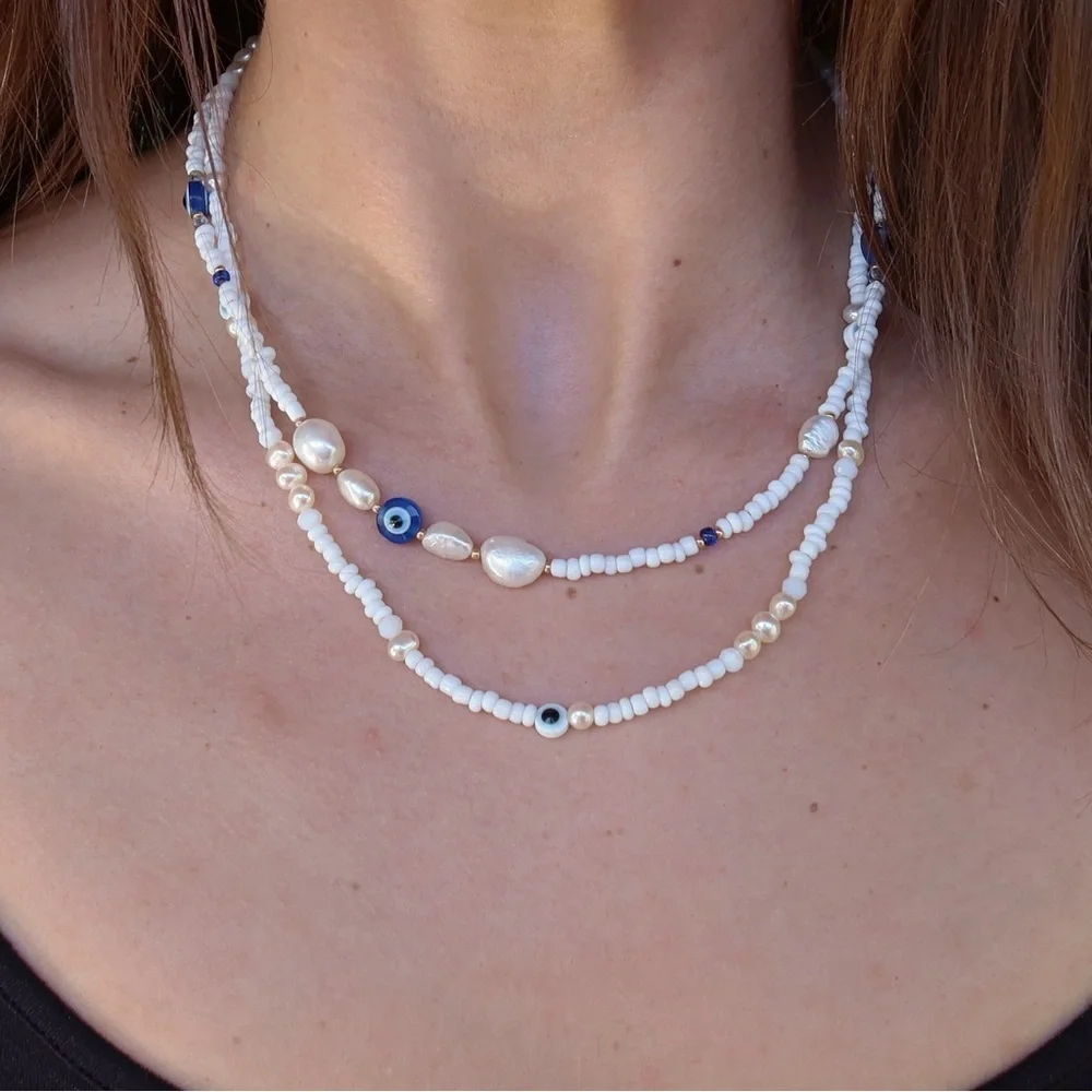 Evil Eye Freshwater Pearl Necklace & Anklet Bundle | Crystal | 3 Piece Set - Picture 1 of 7